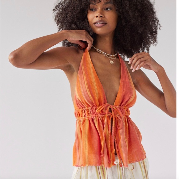 Urban Outfitters Tops - Urban Outfitters Orange Striped Colette Linen Front Ties Halter Top Small